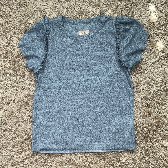 Chaser Blue Short Sleeve Knit Ruff Edge Hem Tee with Puff Sleeves Size Medium - Picture 1 of 7
